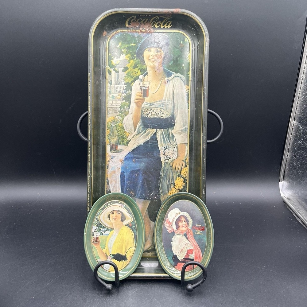 Lot Of 3 VTG Tin Coca-Cola Advert Trays 19"x8.5"+ 2 6x4.5 1914-'20-'21 Print '73